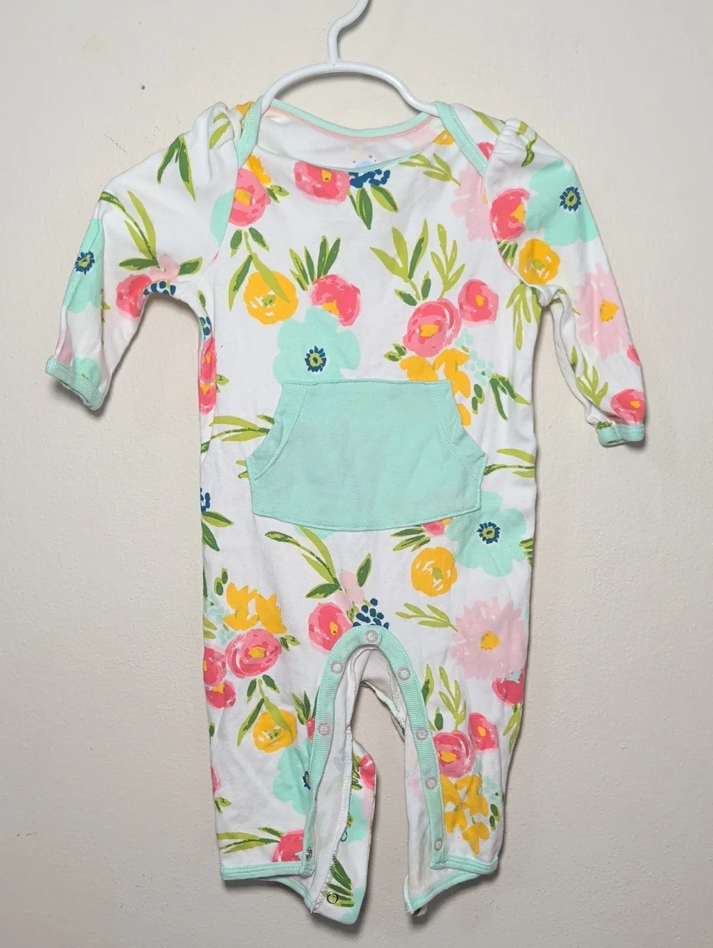 Cloud Island Watercolor Floral Romper White Pink Green 100% Cotton Size 3-6M